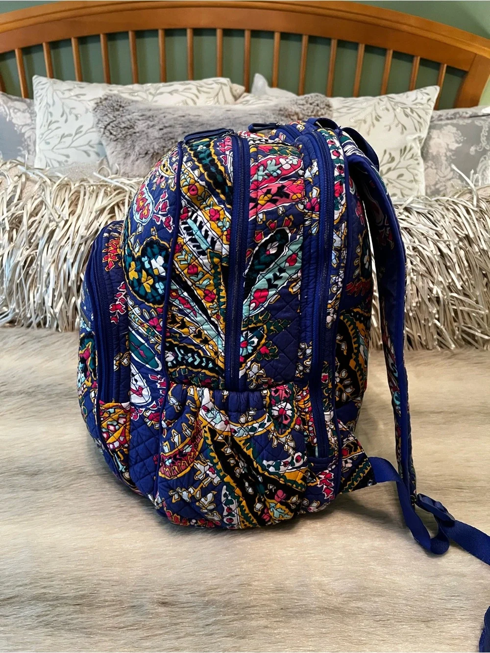 VERA BRADLEY Romantic Paisley 2018 Iconic XL Campus Backpack Blue Yellow Laptop